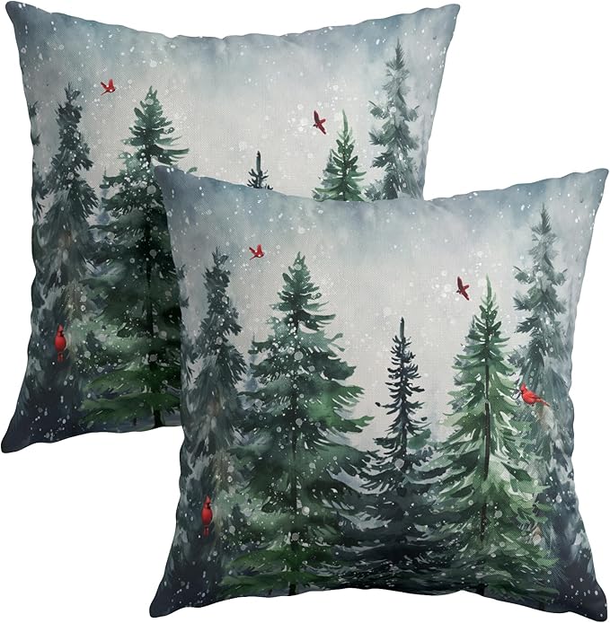 Green Tree Throw Pillow Covers Winter Snowy Forest Pillowcase 22x22 inch 2 PCS by Granbey