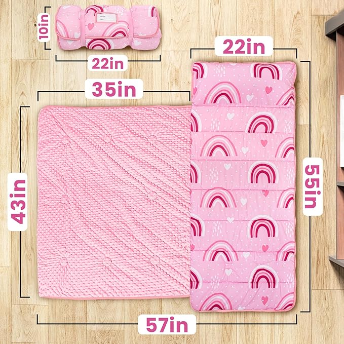 Toddler Nap Mat with Pillow and Minky Blanket, Large 55"x35" Sleeping Bag - Image 2