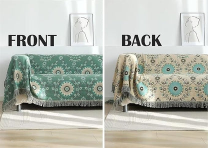 MSGKV Boho Throw Blanket for Couch Bed 100% Cotton Blankets Woven Green Blanket - Image 5