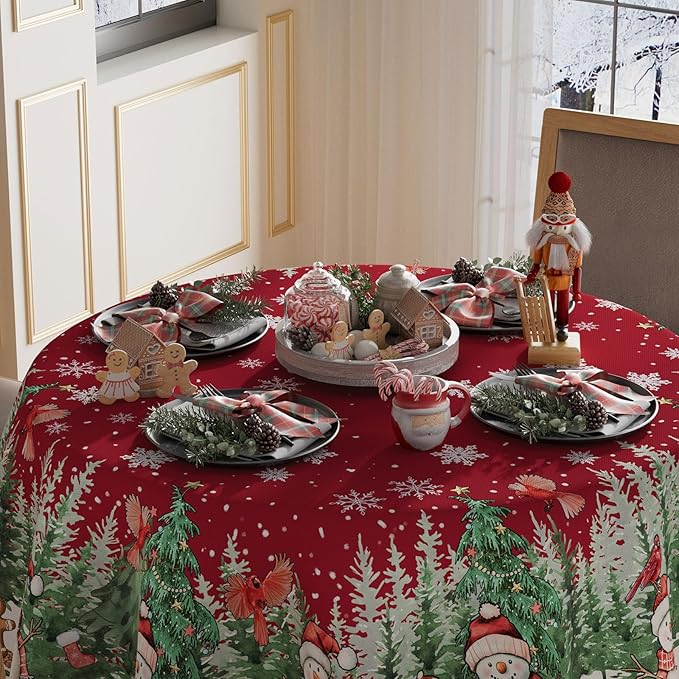 XCHI Snowman Gingerbread Man Tree Winter Tablecloth Round Christmas Table Cloth - Image 3
