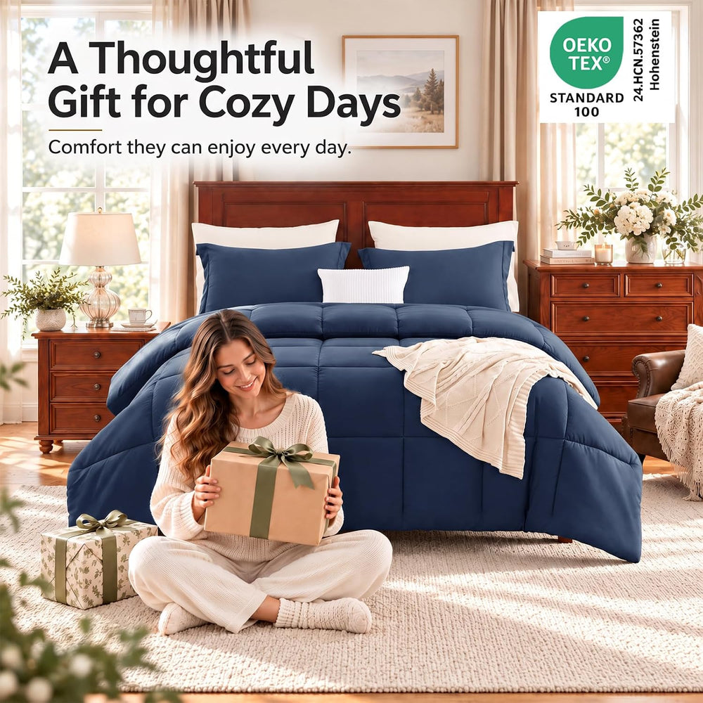 CozyLux Queen Size Comforter Set, 3-Piece Box-Stitched, Navy Blue
