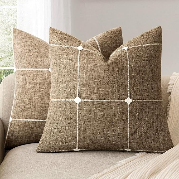 Foindtower Pack of 2 Decorative Faux Linen Jacquard Check Throw Pillow Covers by Foindtower