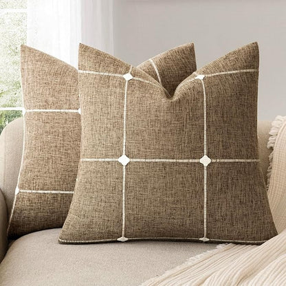 Foindtower Pack of 2 Decorative Faux Linen Jacquard Check Throw Pillow Covers by Foindtower