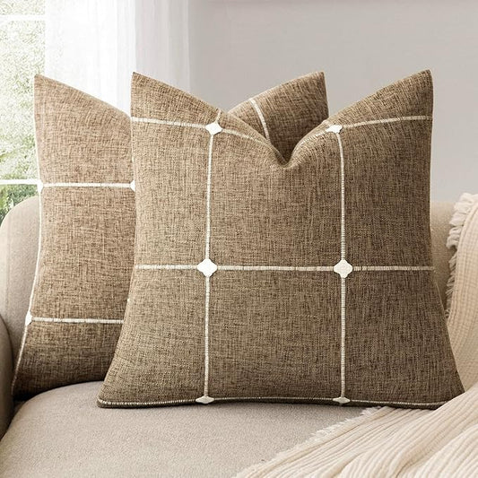 Foindtower Pack of 2 Decorative Faux Linen Jacquard Check Throw Pillow Covers by Foindtower