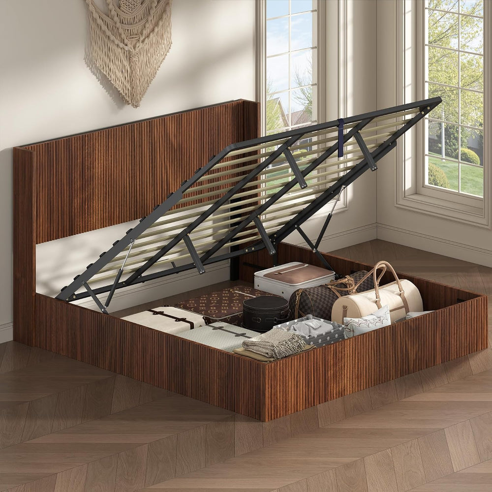 VMU Fluted Queen Size Platform Bed Frame with Lift up Storage