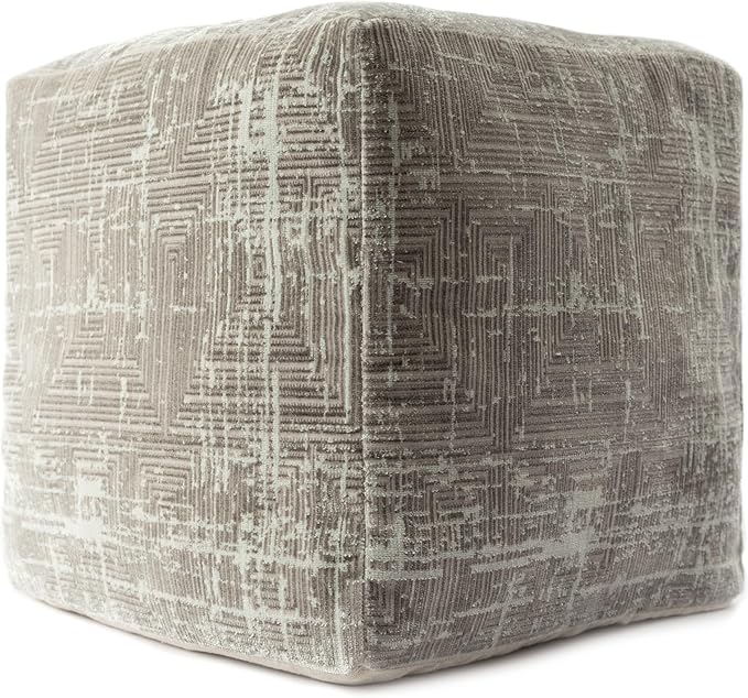 LR Home Transitional Distressed Geometric Gray/Ivory Polyester Blend Cube Pouf - Image 4