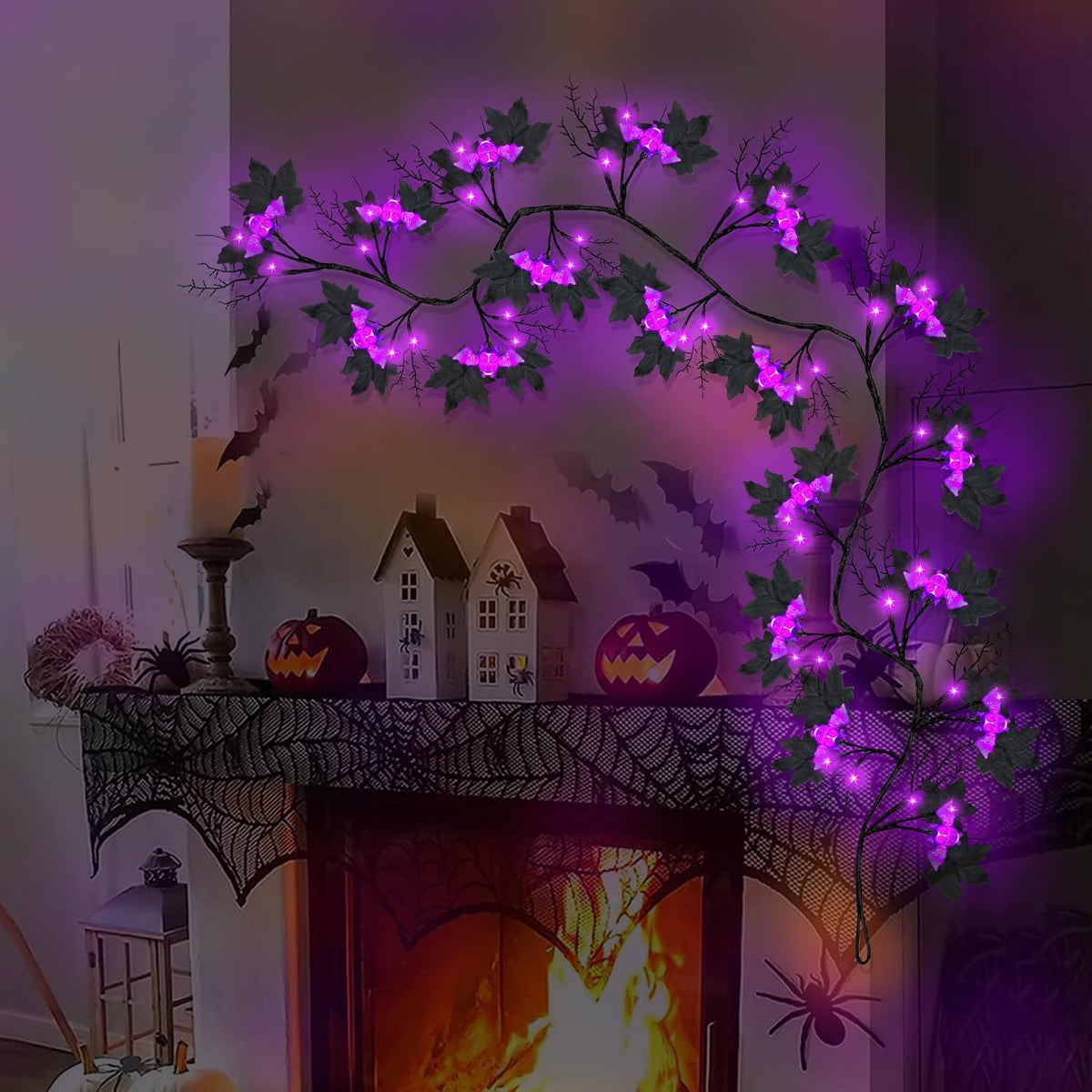 9FT 72 LED Halloween Willow Vine Twig Decor Black Halloween Garland with Bat & LED Purple Lights, 8 Modes Waterproof Battery Operated Halloween Lights Indoor Halloween Decorations for Home Wall Table