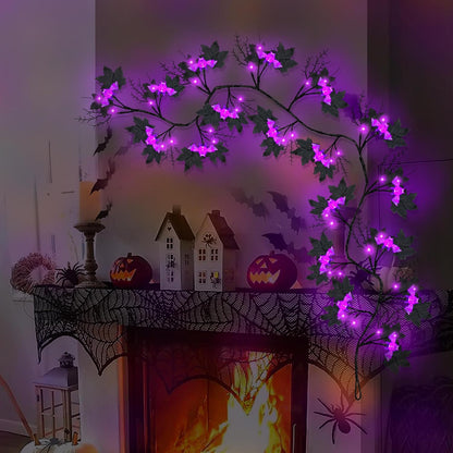 9FT 72 LED Halloween Willow Vine Twig Decor Black Halloween Garland with Bat & LED Purple Lights, 8 Modes Waterproof Battery Operated Halloween Lights Indoor Halloween Decorations for Home Wall Table