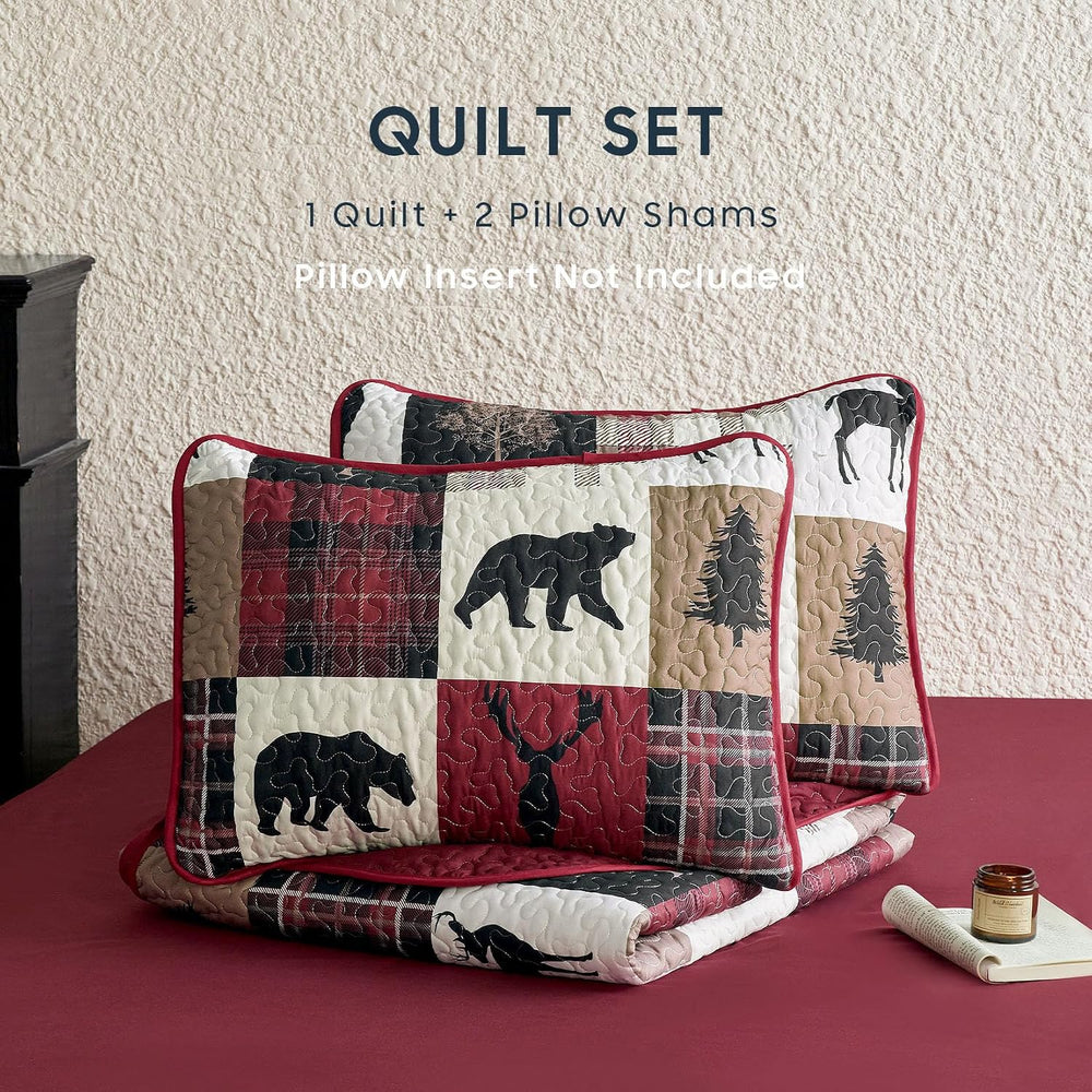Wake In Cloud - Rustic Quilt Set, Cabin Lodge Christmas Bear Moose Deer Wildl...