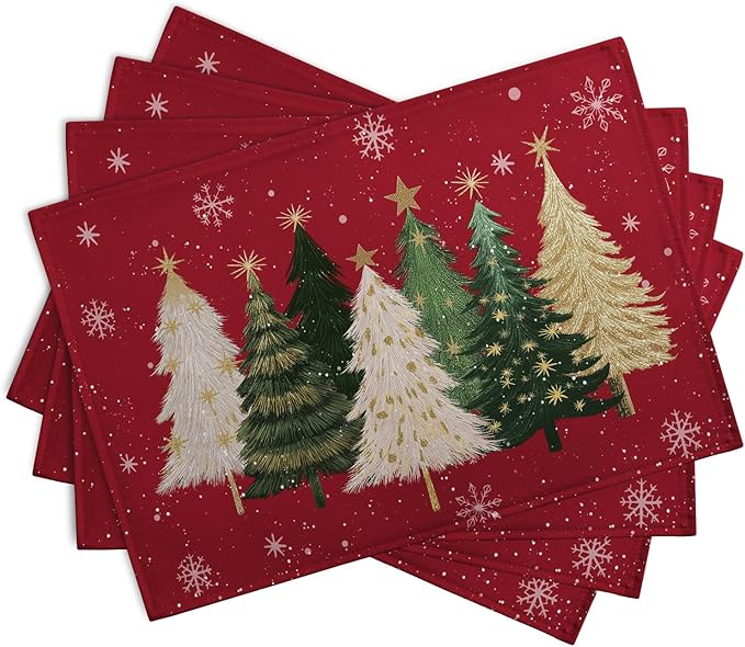 Red Christmas Tree Placemats Set of 4, 12x18 Inch Xmas Trees Snowflakes Winter - Image 2