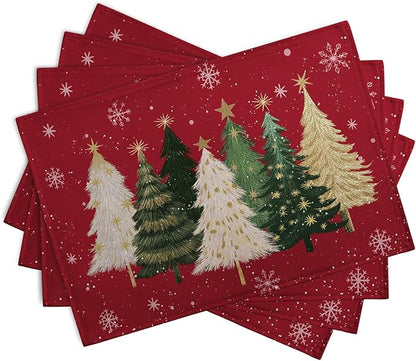 Red Christmas Tree Placemats Set of 4, 12x18 Inch Xmas Trees Snowflakes Winter - Image 2