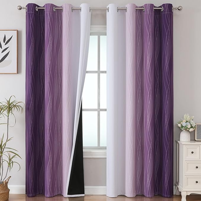Estelar Textiler Purple and Grayish White Blackout Curtains 108 Inches Long by ESTELARTEXTILER