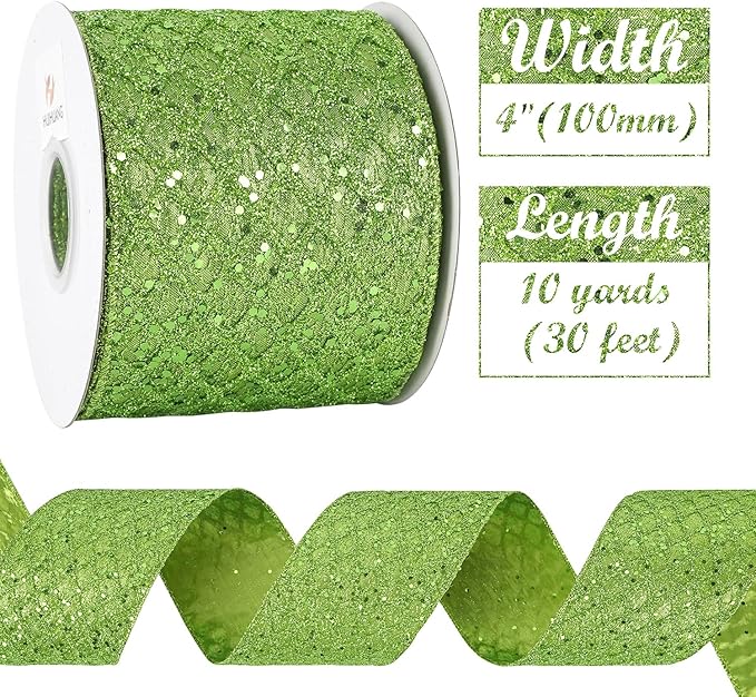 HUIHUANG Lime Green Glitter Wired Ribbon - Image 2
