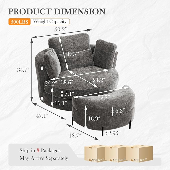 Aoiy & Wifon 50.2'' W Oversized Swivel Barrel Chair - Image 2