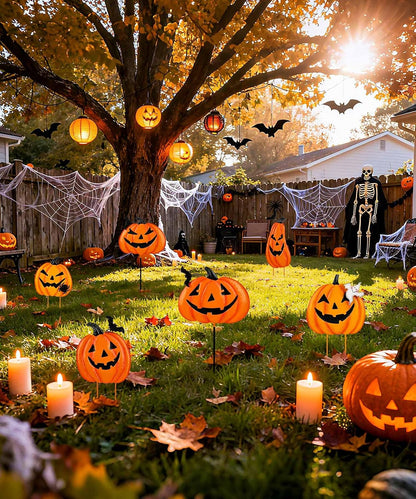 2 Pack Halloween Garden Stakes - Stacked Metal Pumpkins Jack-o-Lantern Lawn Decor, Scary Metal Yard Signs Stake Outdoor Decorative Pumpkin Home Lawn Pathway Decor