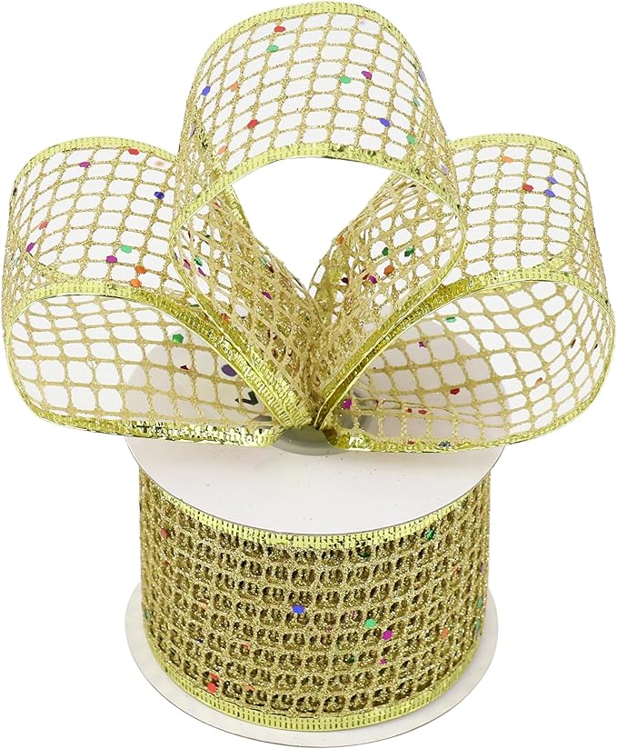 MEEDEE Gold Glitter Christmas Ribbon 2.5 Inch Square Mesh Net Wired Ribbons - Image 7
