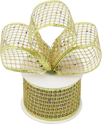 MEEDEE Gold Glitter Christmas Ribbon 2.5 Inch Square Mesh Net Wired Ribbons - Image 7