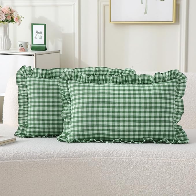 2 Pack Christmas Green White Plaid Ruffle Gingham Lumbar Throw Pillow Covers by KMASANIJI