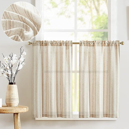 jinchan Taupe Striped Linen Kitchen Curtains 24 Inch Cafe Tier Curtains by JINCHAN