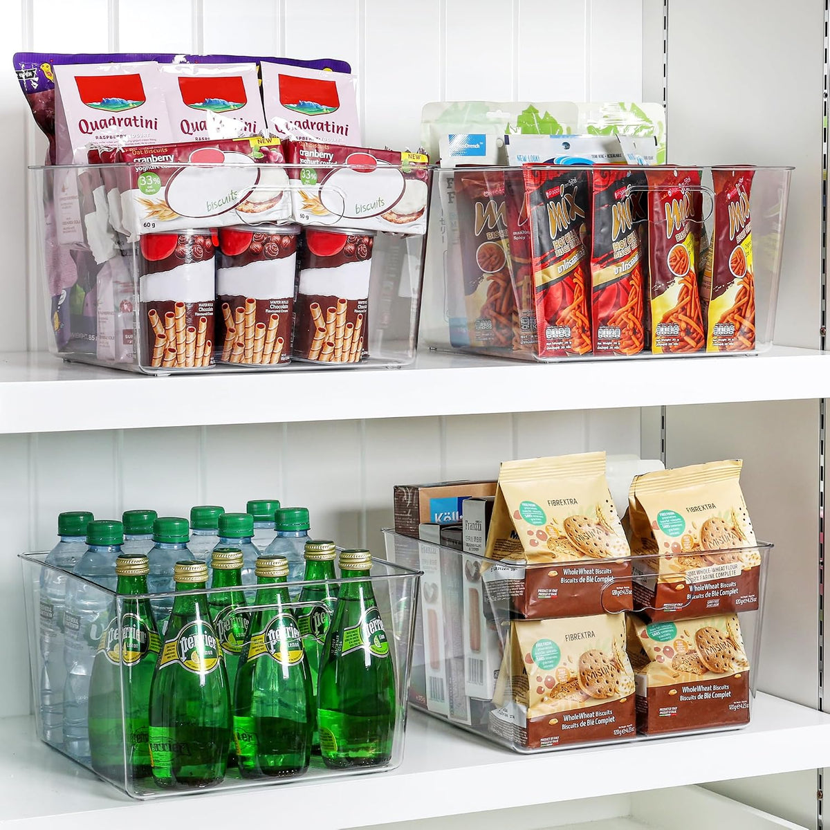 vtopmart 4 pack extra large clear storage bins on a desk or shelf
