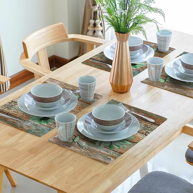 Giwawa Rustic Daisy Placemats Set of 4- Green Sunflowers on Vintage Wood Board - Image 7