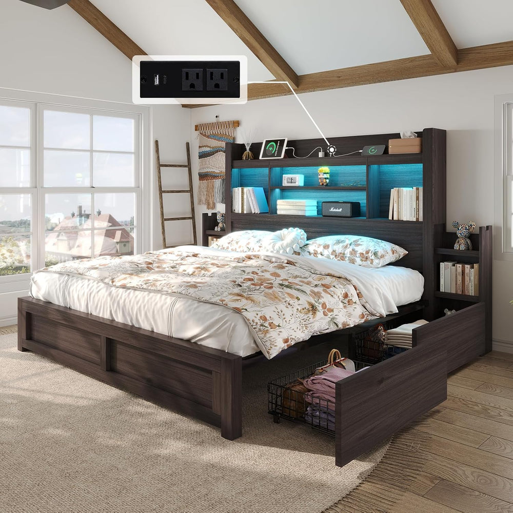 King Size Bed Frame with Bookcase Headboard & Storage, Black