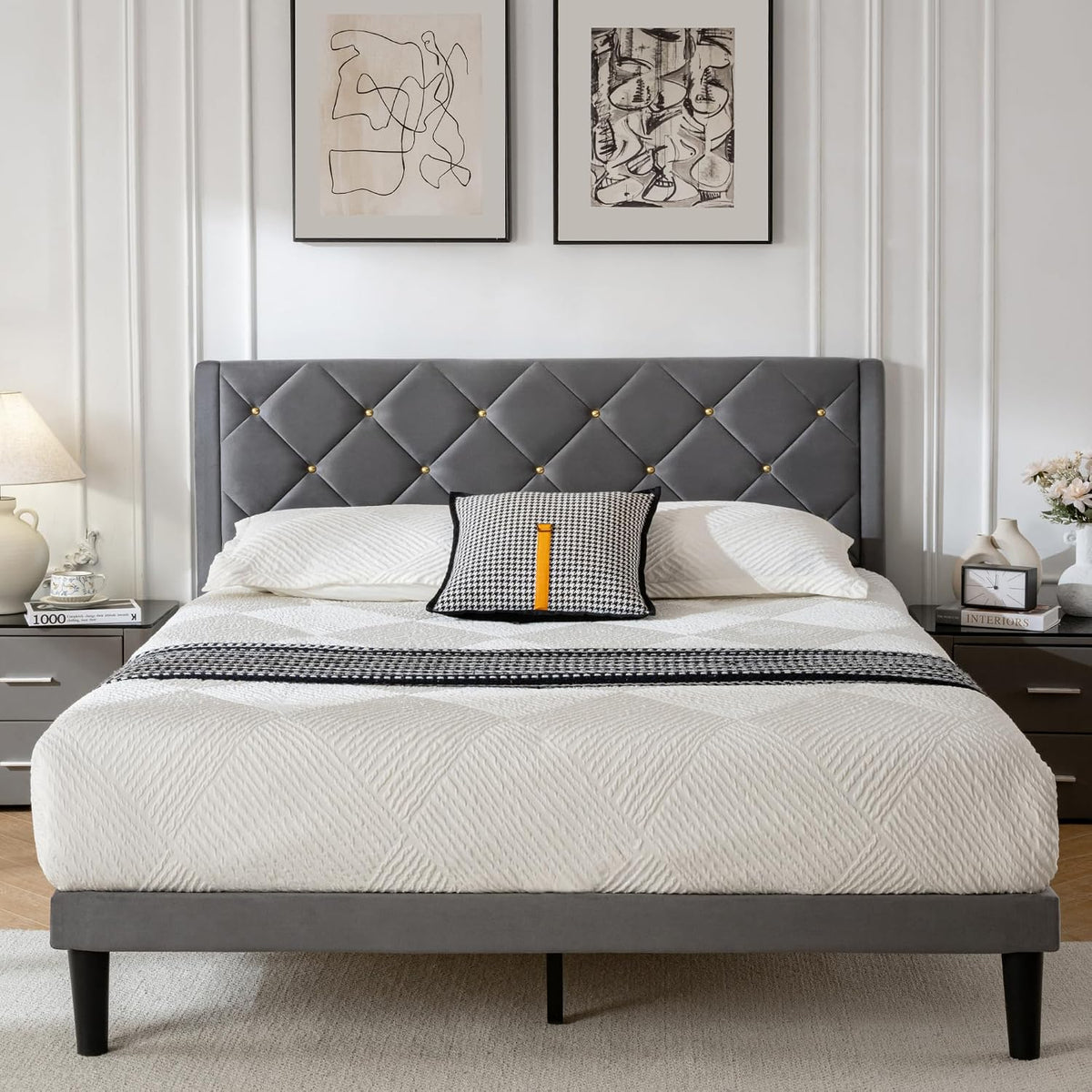 queen size platform bed frame with velvet headboard, main product view