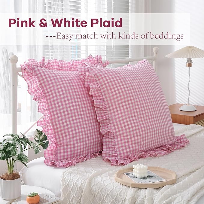 2 Pack Pink White Plaid Ruffle Euro Gingham Throw Pillow Covers, 100% Washed - Image 3