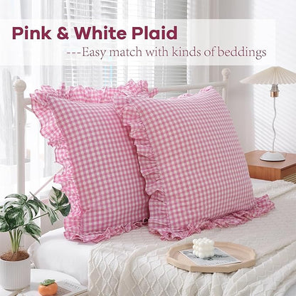2 Pack Pink White Plaid Ruffle Euro Gingham Throw Pillow Covers, 100% Washed - Image 3