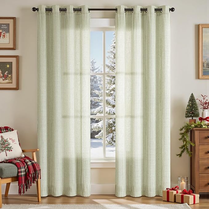 Vangao Linen Striped Christmas Curtains Boho Tickingstripe Light Filtering - Image 2