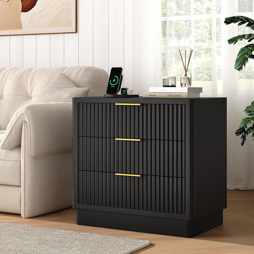 ELYKEN 24'' Black Nightstand with 3 Drawers & Outlet, Fluted End ...