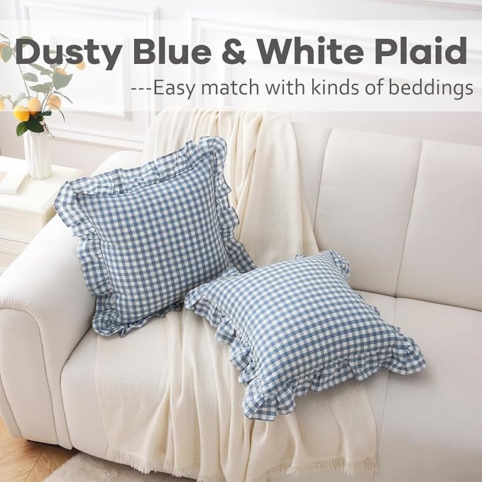 2 Pack Dust Blue White Plaid Gingham Ruffle Throw Pillow Covers, 100% Washed - Image 2
