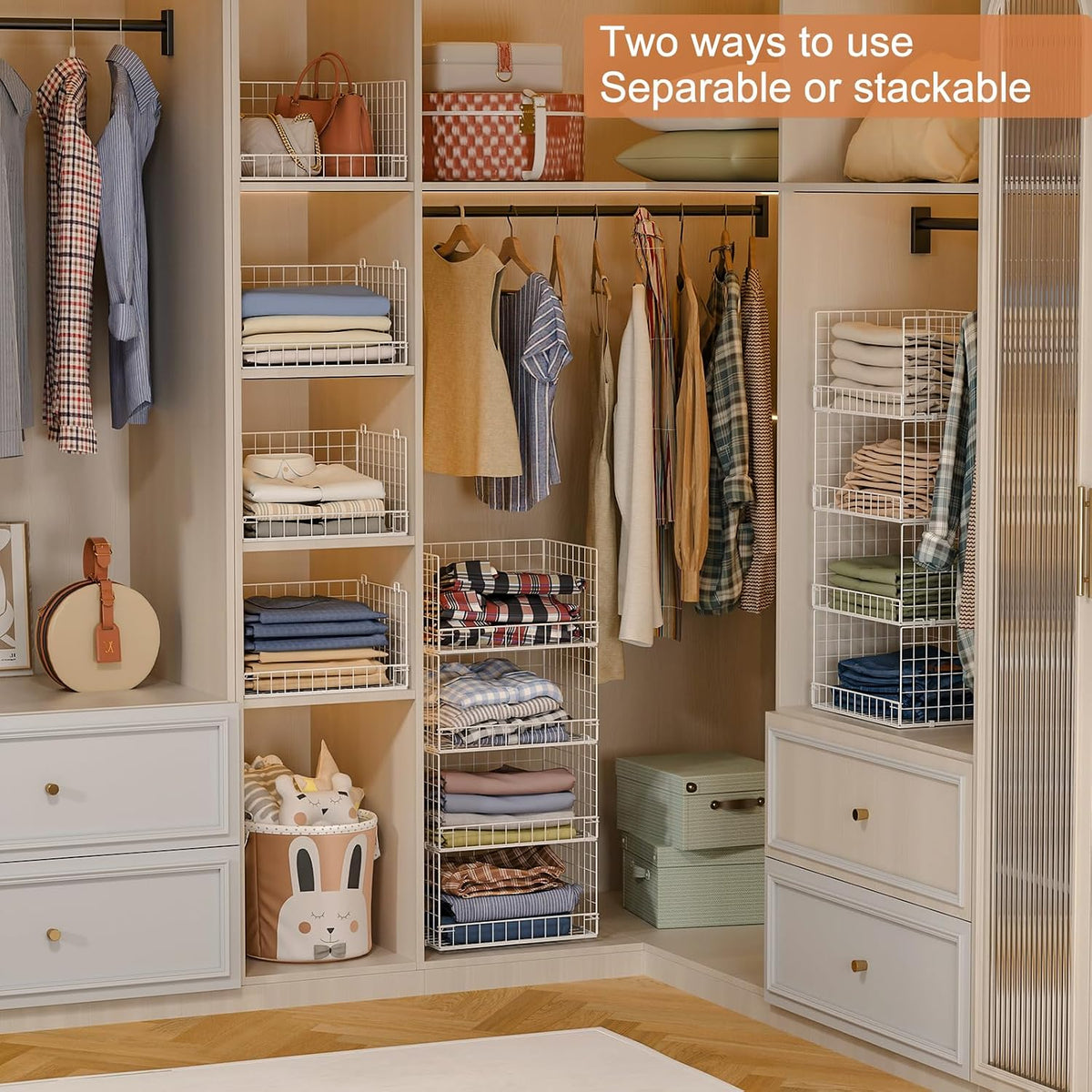 yociyoga 4-tier stackable closet organizers and storage basket shown in use