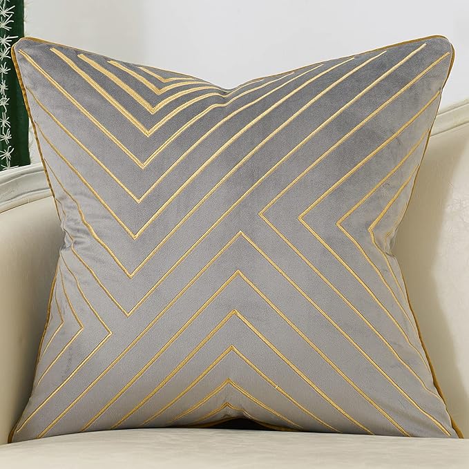 Avigers 20 x 20 Inch Grey Gold Striped Geometric Lines Embroidery Velvet by Avigers