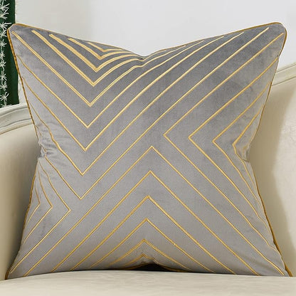 Avigers 20 x 20 Inch Grey Gold Striped Geometric Lines Embroidery Velvet by Avigers
