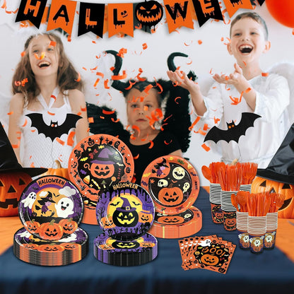 UJoyant 350 PCS Halloween Plates and Napkins Sets, Halloween Party Supplies Includes Disposable Plates Dessert Plates Napkins Cups Plastic Knives Forks Spoons Disposable Dinnerware Set (50 Guest)