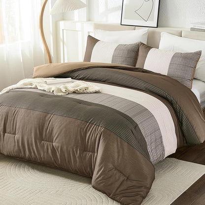 brown comforter set queen, reversible coffee brown patchwork shown in use