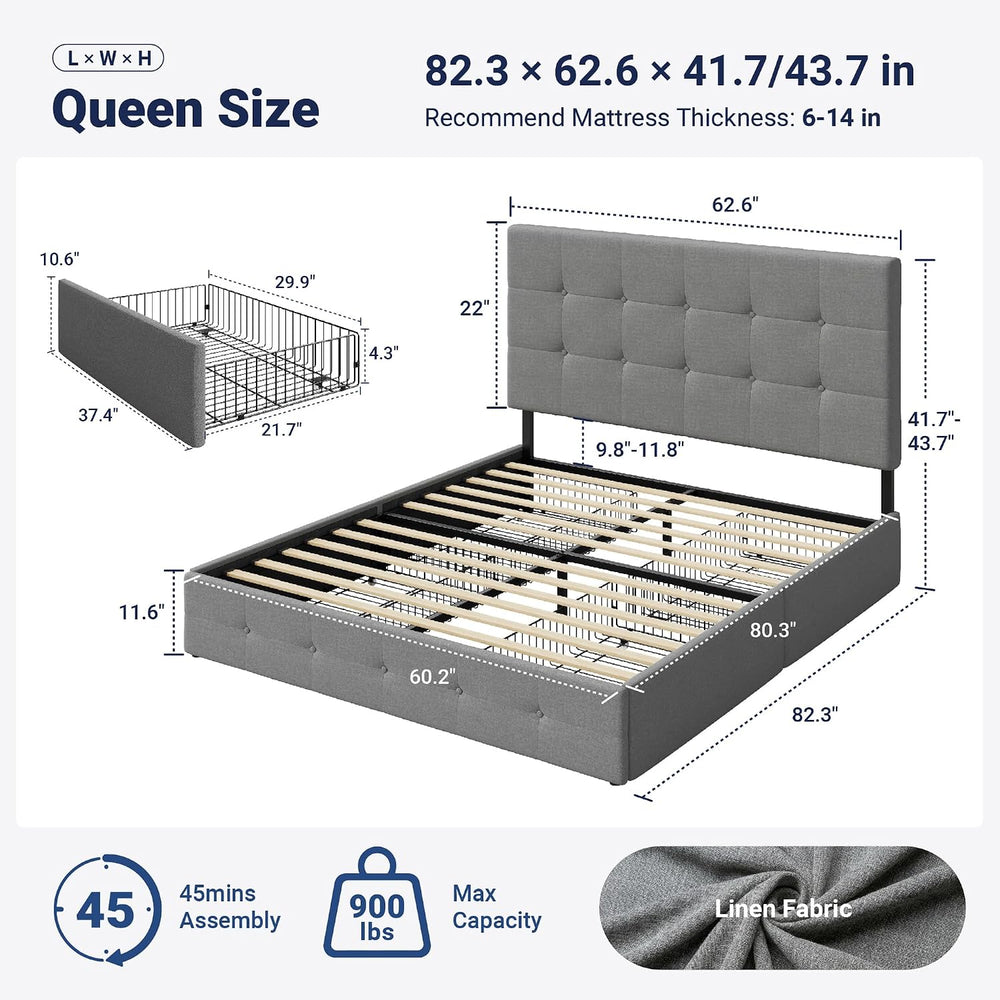 Allewie Queen Size Storage Bed Frame with 4 Underbed Drawers, Upholstered Pla...