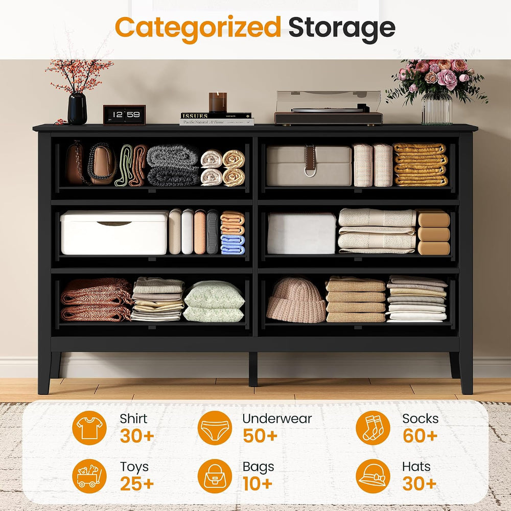 RoyalCraft Black 6 Drawer Dresser, Fluted Dresser for Bedroom