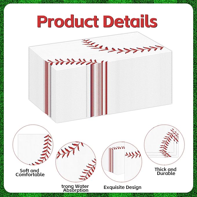 100 PCS Baseball Paper Napkins, Disposable Baseball Bathroom Guest Hand Towels - Image 3