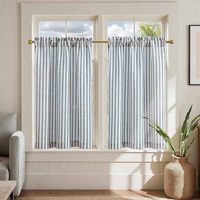 jinchan Striped Linen Kitchen Curtains 36 Inches Length Tier Curtains Farmhouse by JINCHAN