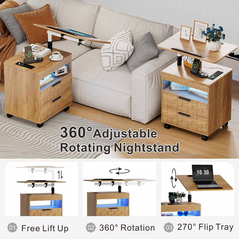 Lareth Rolling Nightstand with Wheels, LED Lights, Charging Station
