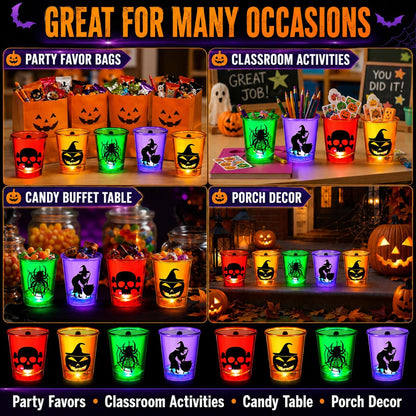 Henoyso 24 Pcs Halloween Shot Glass on Beaded Necklace Skull Plastic Shot Glasses Ghost Cups Assorted Glass Necklaces Bulk for Halloween Party Favors Decorations Supplies (Stylish Style)