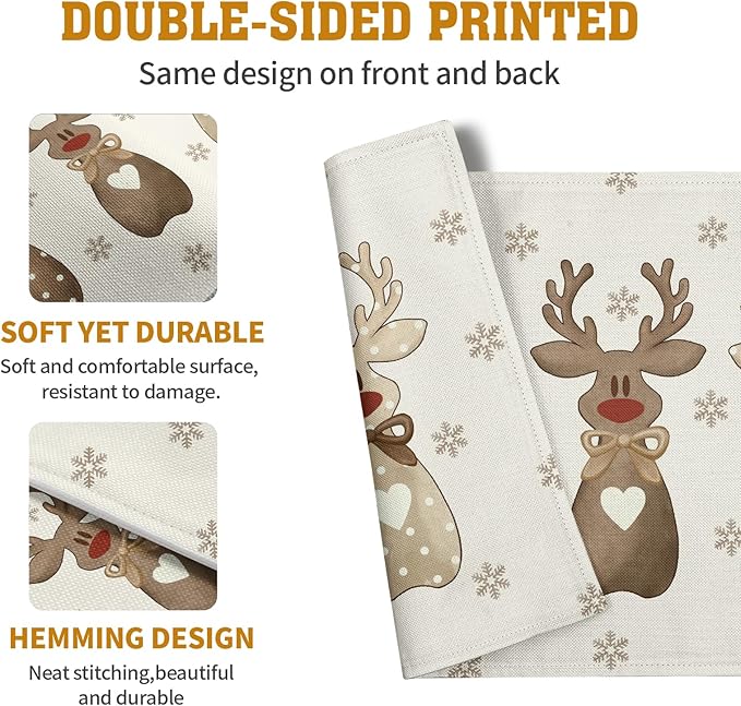 Christmas Reindeer Snowflakes Placemats Set of 4 Xmas Cute Elk Deer Place Mats - Image 5