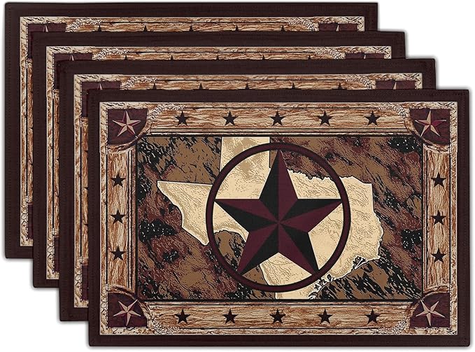 Giwawa Texas Stars Placemats Set of 4, Rustic Western Style Brown Wood Linen by Giwawa