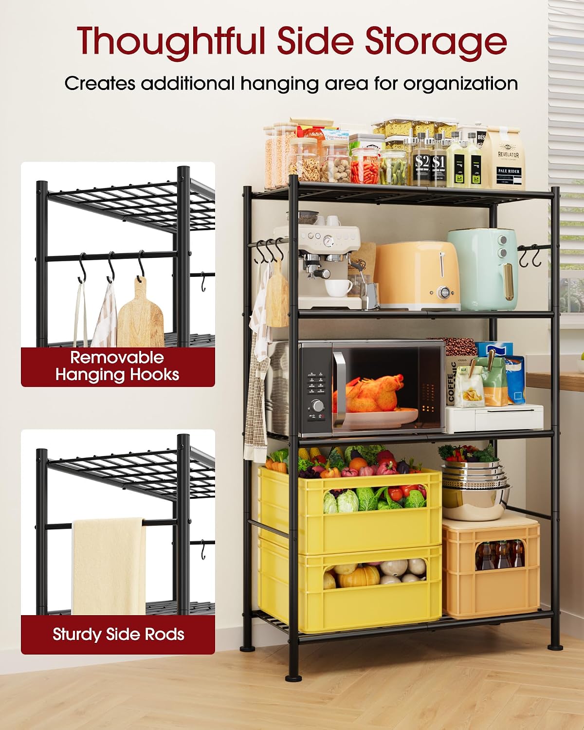 sakugi 4-tier storage shelves with 6 hooks, 33.2" showing dimensions