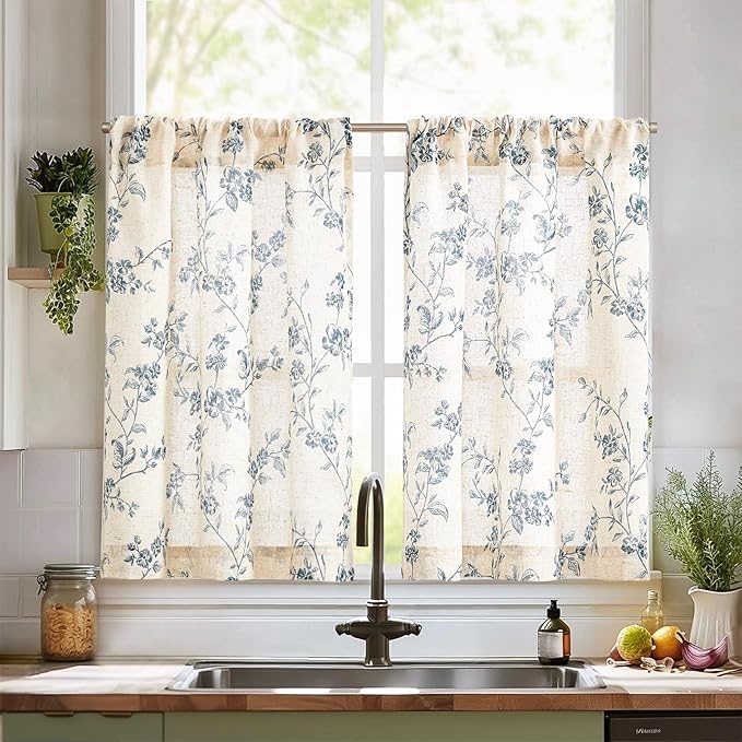 jinchan Floral Kitchen Curtains 36 Inch Linen Tier Curtains Farmhouse Cafe Half by JINCHAN