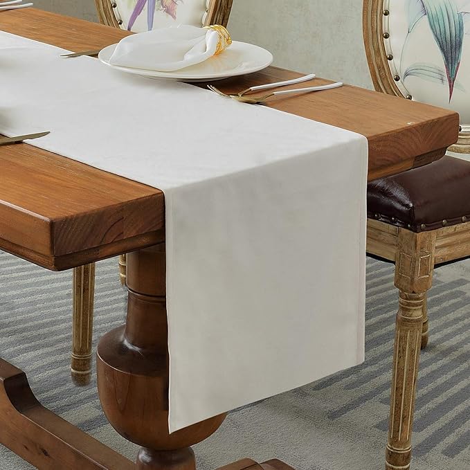 BALCONY & FALCON Velvet Table Runner 14"x95" Ivory Luxury Machine Washable by BALCONYFALCON