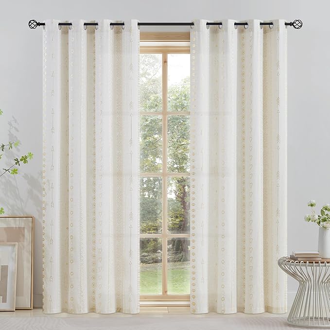 Gold Foil Linen Curtains for Bedroom, 96 Inches Long Moroccan Curtains for - Image 2
