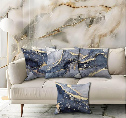 OGILRE Blue and Gold Pillow Covers, Modern Abstract Marble Texture Blue Gold - Image 2